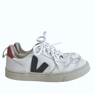Veja V 10 Kids Sneakers White Red & Blue Leather Lace-Up Sneakers Unisex Sz 1